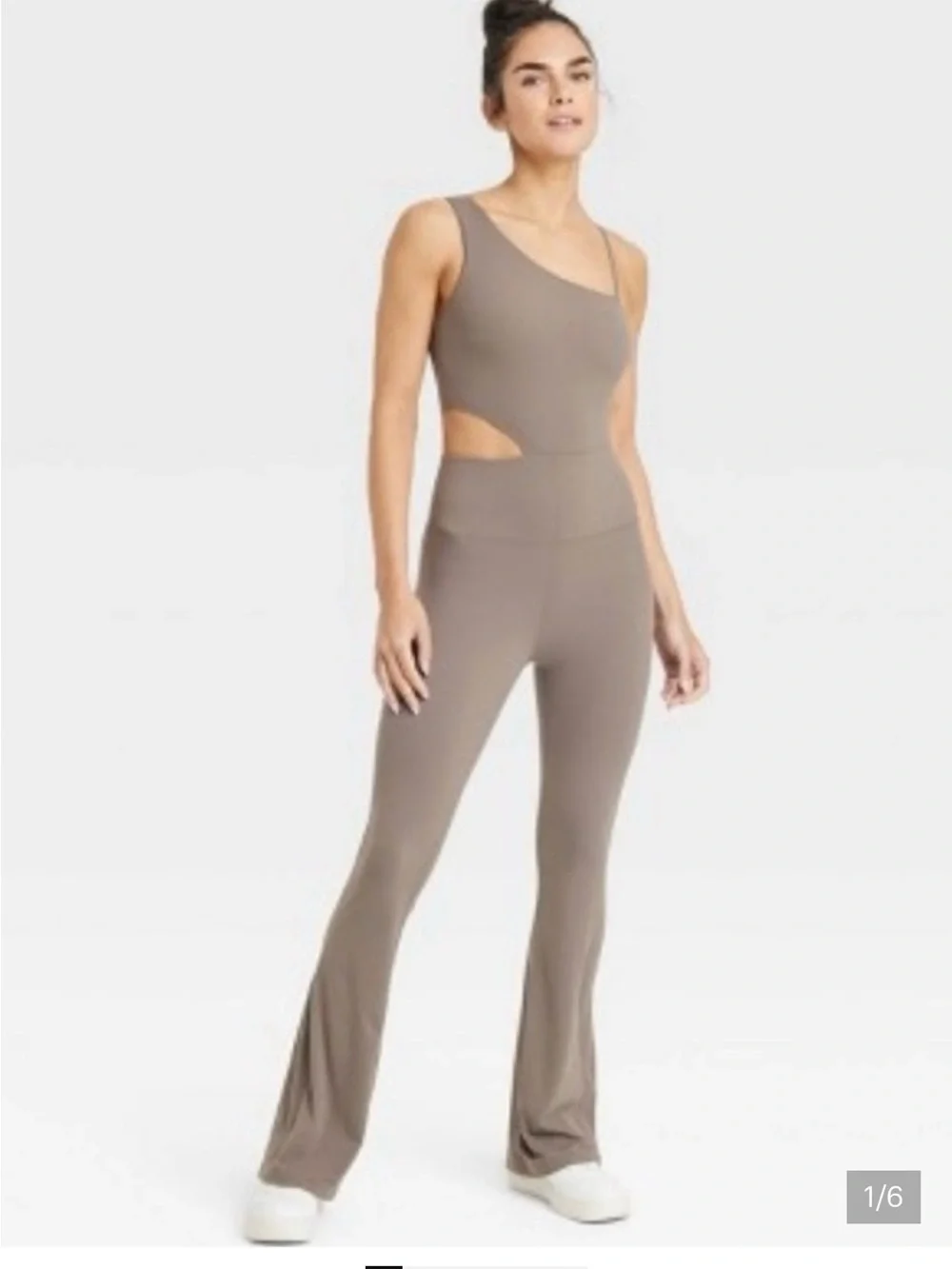 JoyLab One-Shoulder Cutout Flare Jumpsuit in Taupe - Picture 1 of 10